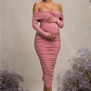 Club L London Pink Ruched Off-Shoulder Midi Dress